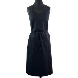 EILEEN FISHER Black Twill Dress Cotton Drawstring Scoop Neck Size 2XS FLAW